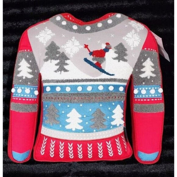 Cynthia Rowley Christmas Sweater Shape Throw Pillow 17" Ski Slopes Powder Winter - Picture 1 of 4